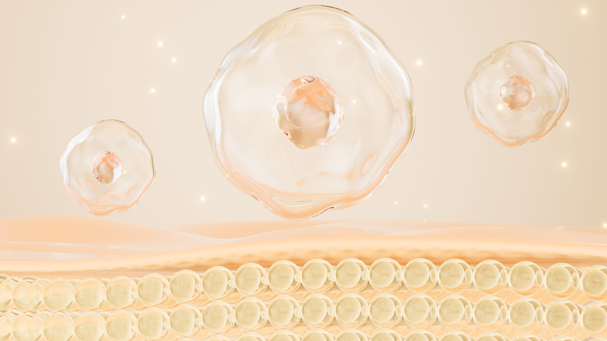 Illustration of molecular structures interacting with the skin to represent skin booster formulation technology