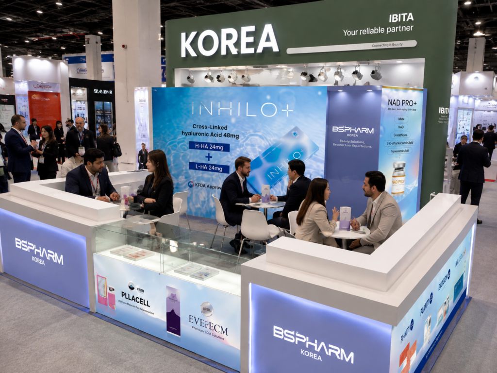 BS PHARM KOREA exhibition booth at Dubai Derma 2026 for distributor and business meetings