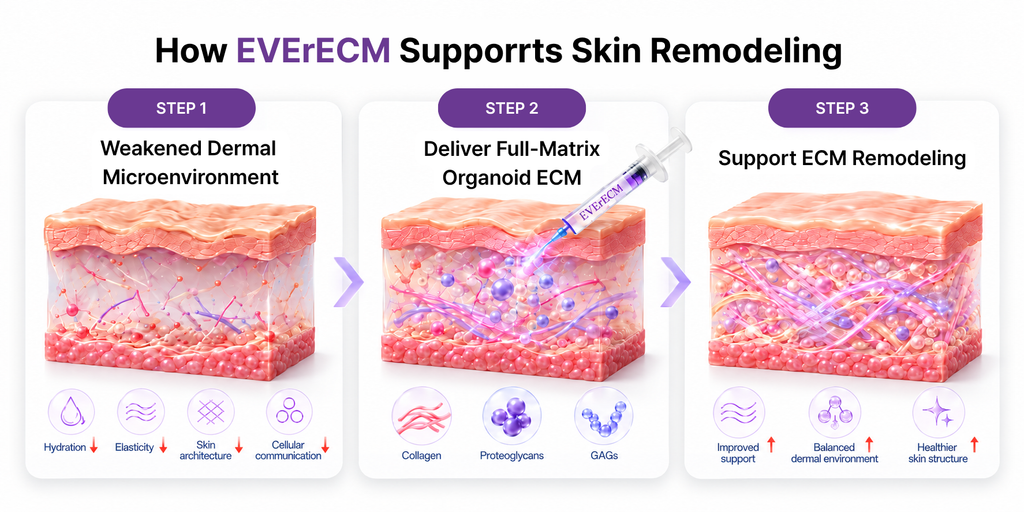 Organoid ECM skin booster remodeling process with full-matrix ECM delivery